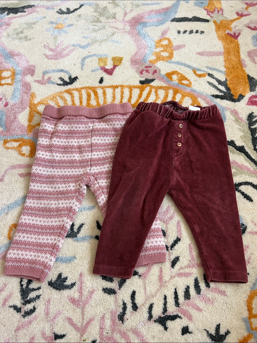 Baby Girls Pink Patterned Knit Leggings & Burgundy Corduroy Pants Set